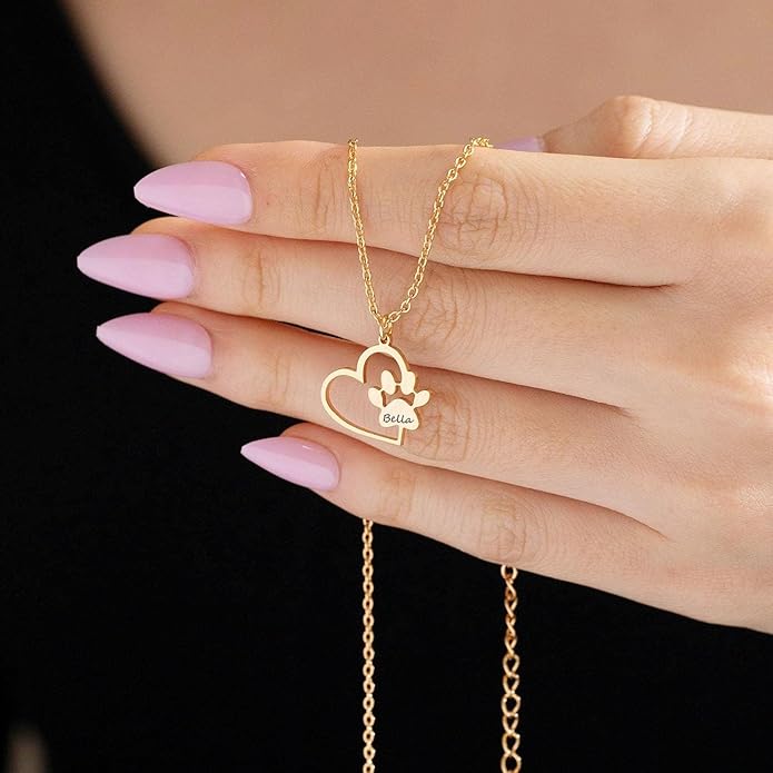 Customized Paw Print Necklace Personalized Pet Name Necklace Custom Engraved Dog Cat Paw Pendant Necklace Pet Memorial Gift for Pet Lovers