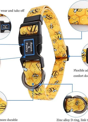 Roses&Poetry Dog Collar with Colourful Bee Patterns, Adjustable Durable Puppy Collars for Small Medium Large Dogs (Bee-XS)