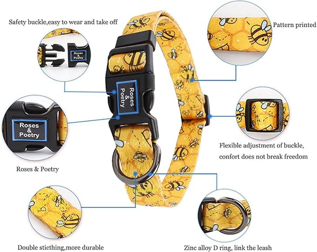 Roses&Poetry Dog Collar with Colourful Bee Patterns, Adjustable Durable Puppy Collars for Small Medium Large Dogs (Bee-XS)
