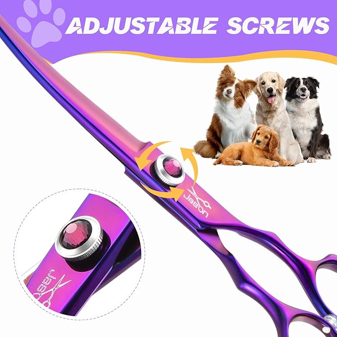 JASON Dog Scissors for Grooming - 7.5" Curved Scissors for Dog Grooming with Round Tips, Japanese 440C Stainless Steel Curved Shears with Diamond Adjustable Screw