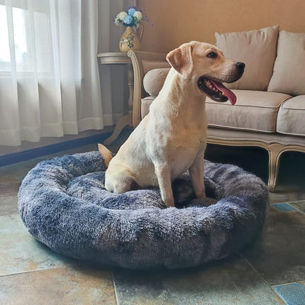 Coohom Oval Calming Donut Cuddler Dog Bed,Shag Faux Fur Cat Bed Washable Round Pillow Pet Bed(30"/36") for Small Medium Dogs (XXL(43"x34"x8"), Grey2021)