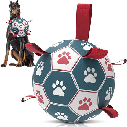 QDAN Dog Toys Soccer Ball with Straps, Durable Giant Dog Balls, Outdoor Dogs Toys, Herding Ball, Birthday Gifts (10 Inch)