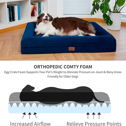 Large Orthopedic Dog Beds, Waterproof Dog Bed with Removable Cover, 4-Sides Removable Bolster Pet Soft Sofa with Nonskid Bottom, Washable Pet Beds for Large Dogs, Rich Blue