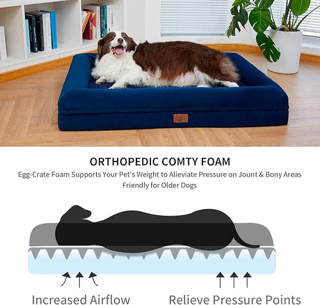 Large Orthopedic Dog Beds, Waterproof Dog Bed with Removable Cover, 4-Sides Removable Bolster Pet Soft Sofa with Nonskid Bottom, Washable Pet Beds for Large Dogs, Rich Blue