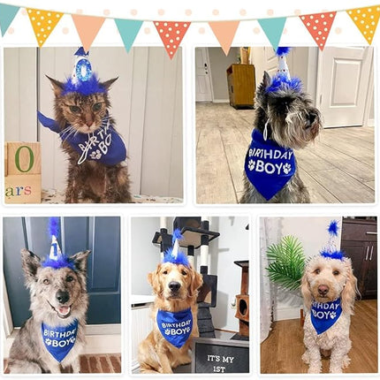 BINGPET Dog Birthday Party Supplies,Dog Birthday Hat Bandana Set,Soft Birthday Boy Triangle Scarf and Number Hat, Cute Birthday Party Supplies with 0-8 Figures for Small Medium Large Dogs Pets