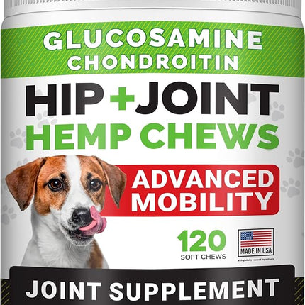 STRELLALAB Hemp Chews for Dogs - Hip & Joint Supplement with Glucosamine - Joint Pain Relief Treats - Omega 3, Chondroitin, MSM - Advanced Mobility Support - Chicken Flavor - 120 Ct - Made in USA