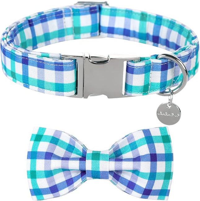 Dog Collar Bow Tie, Comfortable Durable Cotton Bowtie Collar for Medium Girl Boy Dog, Adorable Dog Collar with Metal Buckle, Blue Grid Gift Collar, M