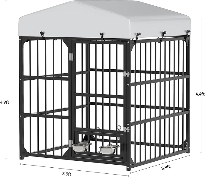 YITAHOME Outdoor Dog Enclosure with Rotating Feeder Bowls, 4'L x 4'W x 5'H Outside Dog Kennel with Roof, Heavy Duty Dog Cage for Small Medium Dogs