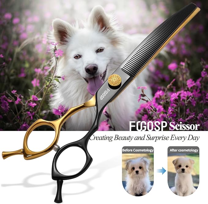 Curved Thinning Shears Dog Grooming 7.5 in Black & Gold Two Color Multipurpose Professional Dog Grooming Scissors for Large Pet 66 Teeth Japan 440C