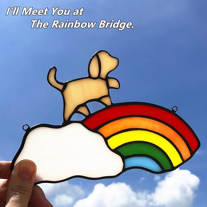 Stained Glass Rainbow Bridge Pet Memorial Gifts for Dogs,Yellow Dog Memorial Gifts for Loss of Dog,Suncather for Window Hanging,in Memory of Dog Passing Away Gifts,Loss of Dog Sympathy Gift
