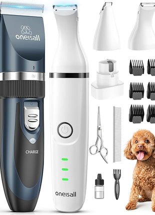 oneisall Dog Clippers and Paw Trimmer Kit 2 in 1 Low Noise Cordless Dog Clippers for Grooming Pet Hair Trimmers for Small and Large Dogs Cats Animals