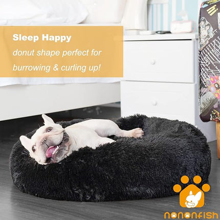 Black Dog Bed for Small Dogs Washble Calming 23 Inch Fluffy Plush Black Dog Bed Round Donut Machine Washable Small Pet Bed