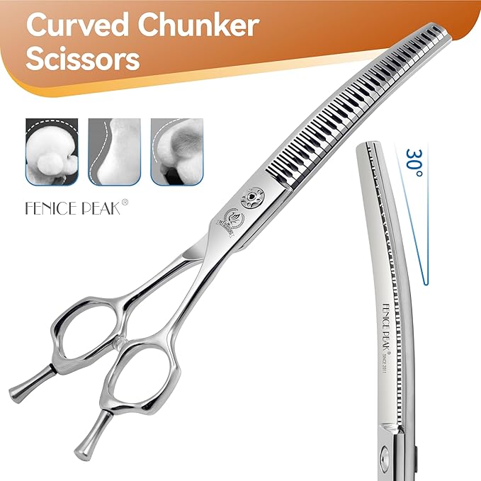 Fenice Peak 7.5 Curved Thinning Traceless Dog Grooming Scissors Japanese 440C Stainless Steel with Bearing Screws Smooth Cutting and Durable