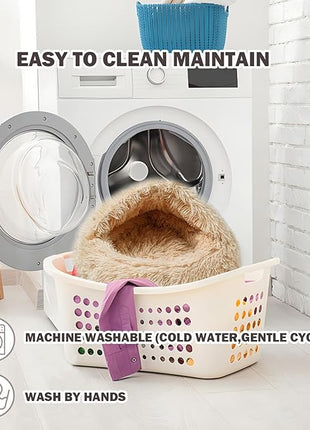 Cat Bed for Indoor Cats, Calming Cozy Cave with Self-Warming Plush, Entire Bed Machine Washable & Anti-Slip Base, Breathable Pet Bed for Small Cats&Dogs All Seasons (Apricot Color, 24 * 24inch)