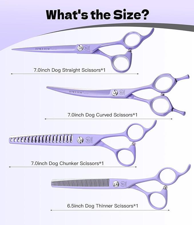 Fenice Peak 7" Professional Dog Grooming Scissors Set, Japanese 440C Stainless Steel Straight Thinning Curved Chunker Shears for Pet Grooming, Trimming Face, Paws, Violet