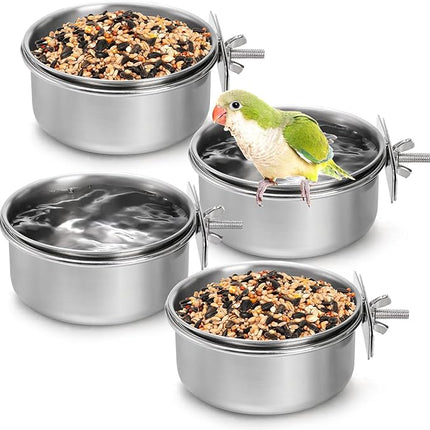 Okllen 4 Pack Bird Feeding Dish Cups, Detachable Stainless Steel Bird Food Bowls with Clamp for Chinchilla Parrot Cockatiel Conure Budgies Parakeet Small Animal
