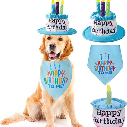 Large Dog Birthday Cake Hat & Bandana Scarfs & Birthday's Cake Squeaky Toys Set Blue, Handmade Dog Happy Birthday's Hat with Colorful Candles, Large Dogs Birthday Party Supplies Decorations, Blue