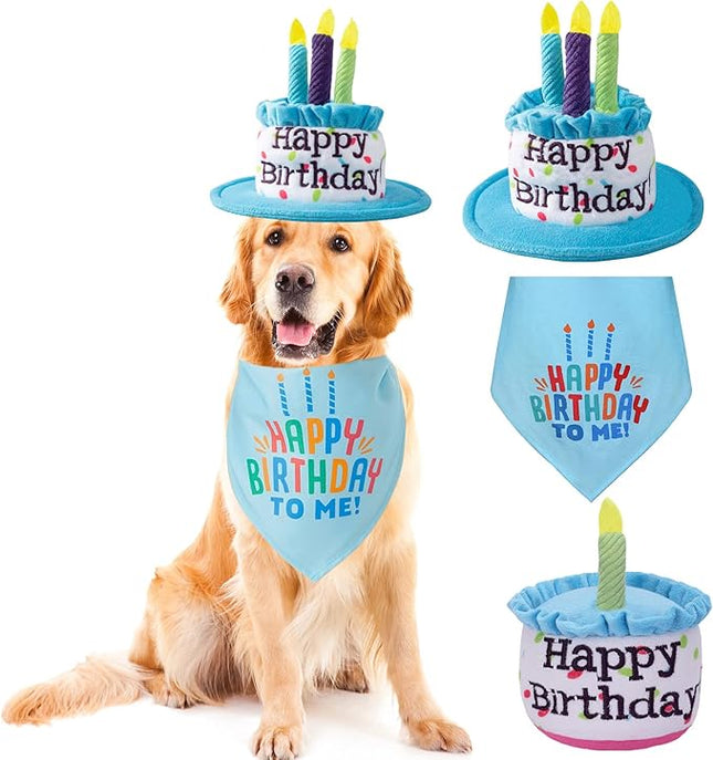 Large Dog Birthday Cake Hat & Bandana Scarfs & Birthday's Cake Squeaky Toys Set Blue, Handmade Dog Happy Birthday's Hat with Colorful Candles, Large Dogs Birthday Party Supplies Decorations, Blue