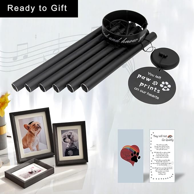 Pet Memorial Wind Chimes, 30 Inches Paw Print Pet Remembrance Gift to Honor and Remember a Dog, Cat, or Other Pet, Premium Metal Wind Chime, Black