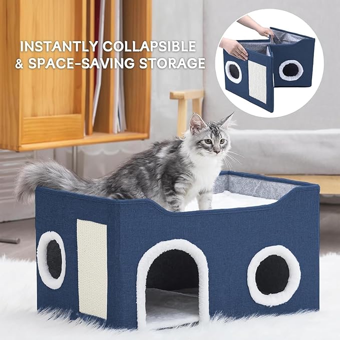 Cat House for Indoor Cats – Foldable Cat Cave & Covered Cat Bed, Cozy Hideaway for Small Pets and Large Cats (23.6"x16"x12.8"),Navy Blue