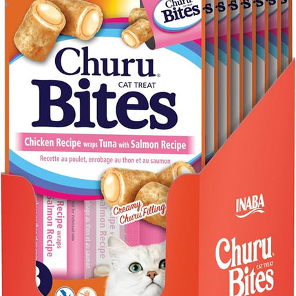 INABA Churu Bites for Cats, Soft Baked Chicken Churu Filled Cat Treats with Vitamin E, 0.35 Ounces Each Tube, 24 Tubes Total (3 per Pack), Tuna with Salmon Recipe