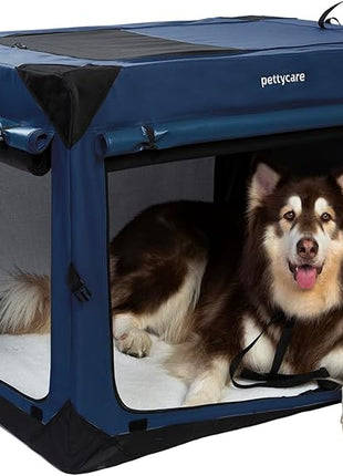Pettycare 42 Inch Collapsible Dog Crate with Curtains Travel Dog Crate for Airflow and Calm Soft Pet Kennel with Portable Bag and More Chew Proof Mesh Indoor & Outdoor Navy Blue 4 Door Curtains
