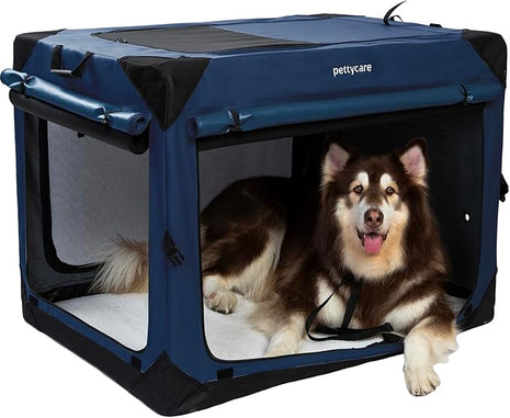 Pettycare 42 Inch Collapsible Dog Crate with Curtains Travel Dog Crate for Airflow and Calm Soft Pet Kennel with Portable Bag and More Chew Proof Mesh Indoor & Outdoor Navy Blue 4 Door Curtains