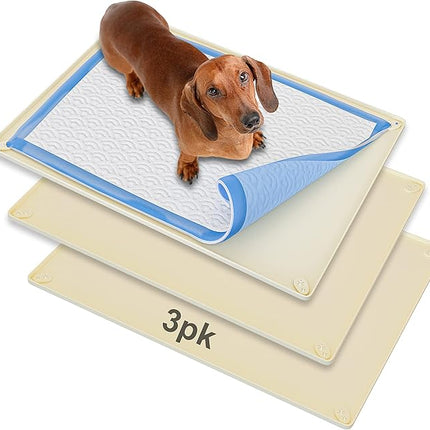 Skywin TidyFriend 3 Pk Pee Pad Holder Tray for 30” x 23” Pee Pads with Corner Lock Holes, Raised Edges, Non-Spill, Easy to Clean Silicone Dog Potty Tray Holder, for Indoor Floor Protection (Beige)