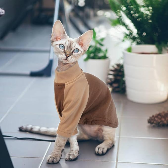 T'CHAQUE Cat Pajamas - Soft Cat Clothes& Shirts & Pajamas with Sleeves, Stretchy Sweater, Pullover Kitten Clothes, Darkbrown, Large