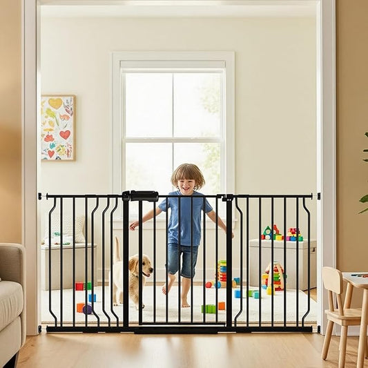 62.2"-71.65" Extra Wide Auto Closing Baby Safety Gate for Stairs & Doorways, Pressure Mounted No Drill Pet Gate with Walk-Through Door - Heavy Duty Childproof Gate for Toddlers, Kids, Dogs (Black)