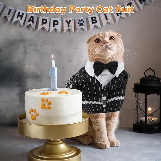 Cat Apparel, Stylish Tuxedo Outfit for Kitty with Tie, Black Stripes Pet Outfits for Wedding, Birthday, Party, Small