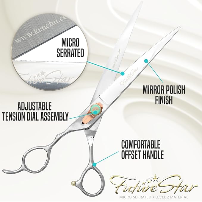 Kenchii Future Star Dog Grooming Scissors Lefty Set Premium Kit for Novice & Pro Groomers Straight Curved Thinner & Blender Shears with Micro Serrated Blades Includes Case and Inserts.