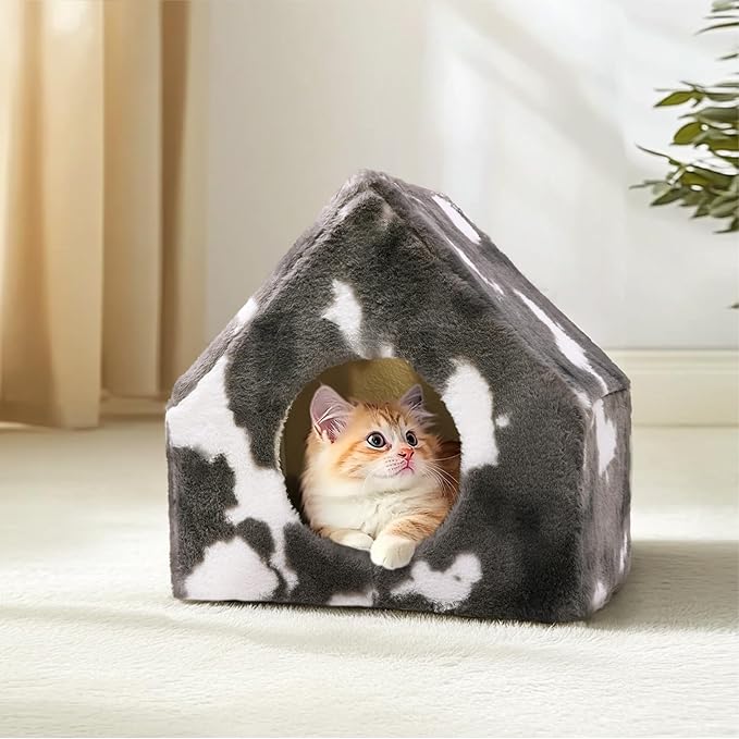 ComSaf Cat Bed House, Cat Cave for Indoor Cats with Fluffy Covered Cat Beds, Washable Cat House Hideaway Hut for Kitten Rabbit, Sturdy Beds & Furniture Gifts, Grey