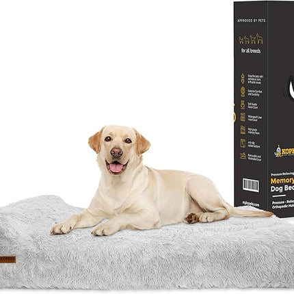KOPEKS Orthopedic Memory Foam Dog Bed 7" Inch Thick Extra Large Dog Bed with Pillow Fluffy Grey 50"x34"x10" Includes Waterproof Liner & Durable Removable Cover with Smart Design
