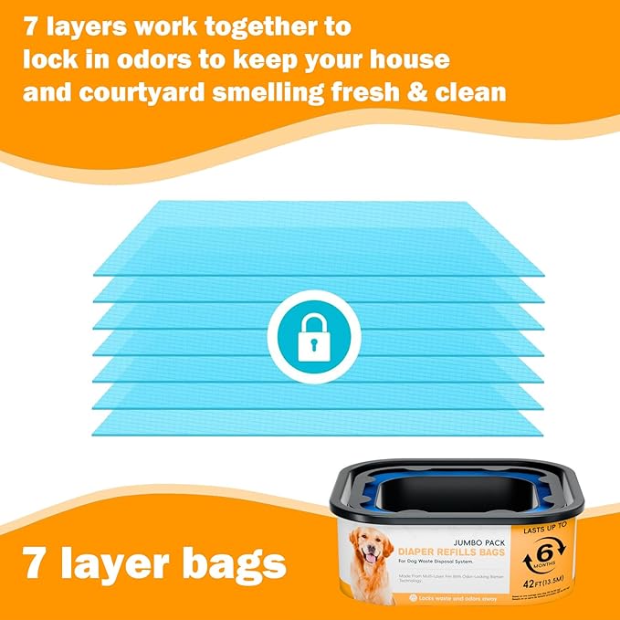 42FT Jumbo Square Refills Disposal Bags Refill Compatible with Pe.t Dogs Gen.ie Dog Waste Disposal System Pails, Up to 6 months of Supply,Ultimate Odor Control Dog Poop Bags, 3 Pack
