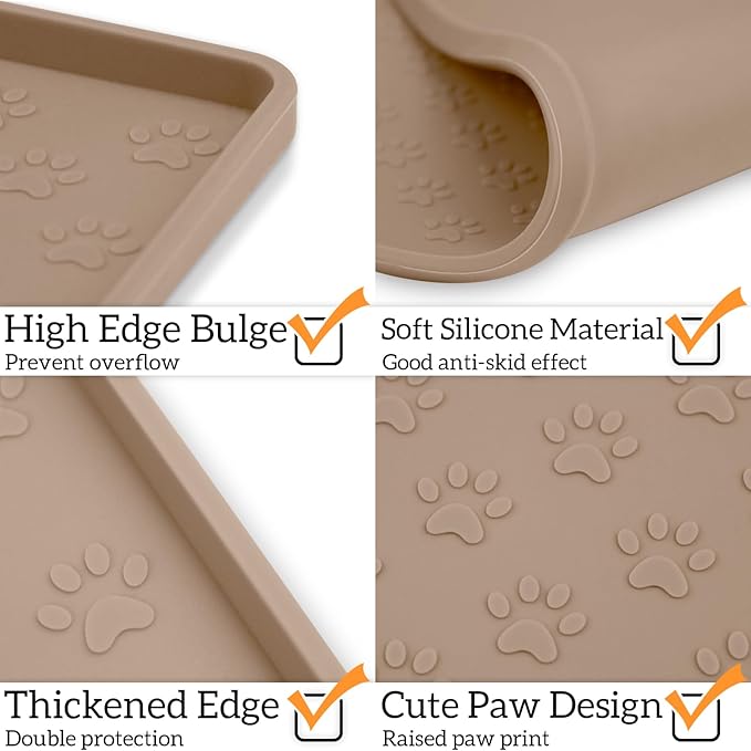 Ptlom Dog Food Mat Anti-Slip Bowl Mats for Food and Water, Waterproof Silicone Pet Placemat with High Raised Edges, Non-Slip Puppy Feeding Tray for Small, Medium Large Cats Dogs, Taupe, 11.8"x11.8"