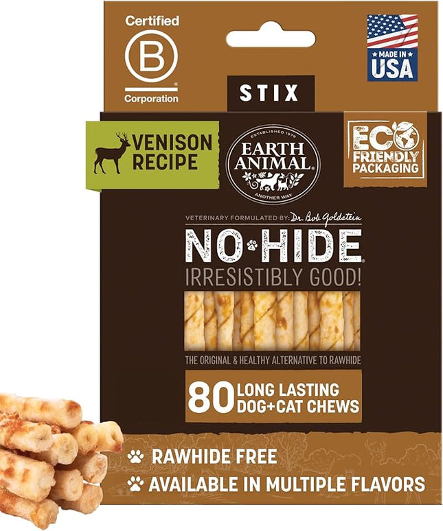 Earth Animal No Hide Stix - Long Lasting Rawhide Free Small Dog Chews Sticks, Venison - 80 Count Extra Value Pack