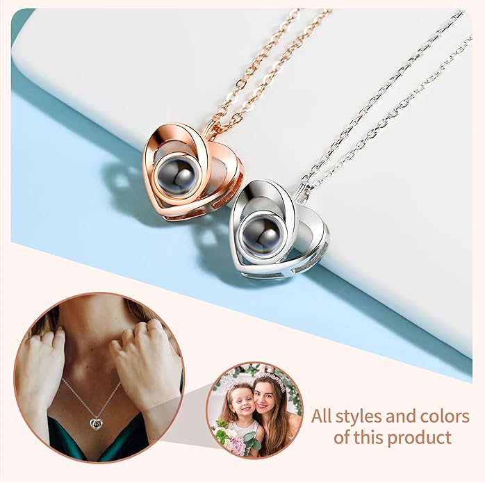 Easycosy Personalized Picture Necklace Projection Necklace with Photo Inside - Custom Photo Heart Pendant Necklace - Photo Gifts Valentines Birthday Love Memorial Gifts for Girlfriend Wife Women