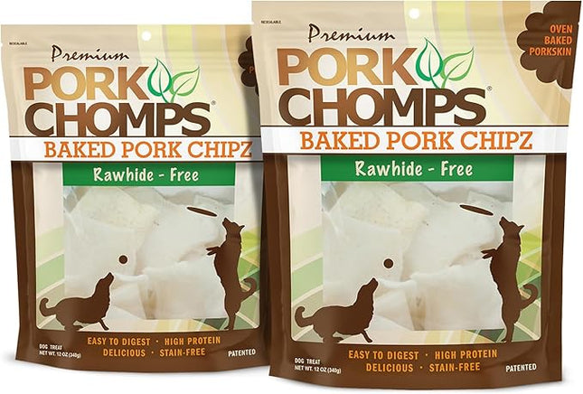 Pork Chomps Baked Pork Skin Dog Chews, 3-inch Chips, 12oz Bag (Pack of 2)