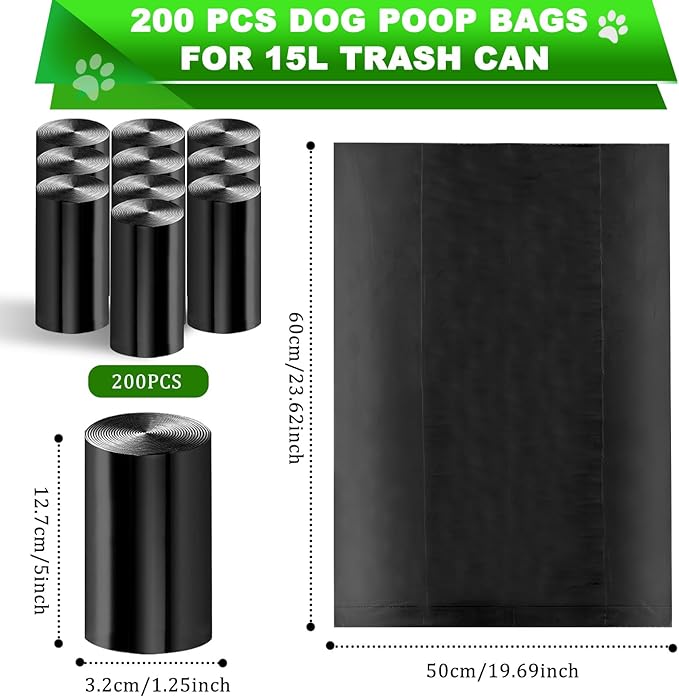 200 Black Unscented Thick Dog Waste Bags for 15L and 20L Dog Poop Trash Can, 10 Pack Rolls for Outdoor, Garage, Yard or Other Locations