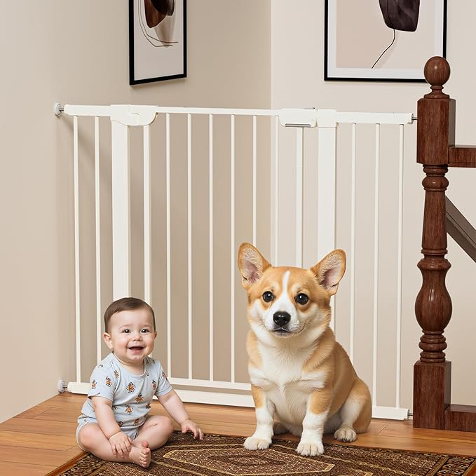 29.5-46" Baby Gate for Stairs, Baby Safety Essentials, Auto Close Gate for Doorways, Easy Install Pressure Mounted Dog Gate Indoor, Pet Gates for Dogs, White