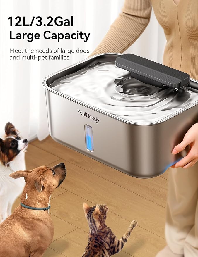 3 Gal Stainless Steel Dog Water Fountain for Large Dog, Pet Water Fountain, Dog Water Bowl Dispenser with Water Level Window, Super Quiet for S-L Dogs and Multi-Pet, Easy to Clean(FN-W13)