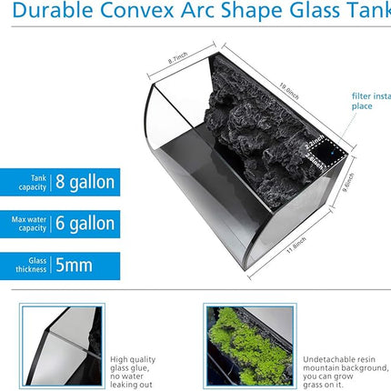 hygger Horizon 8 Gallon LED Glass Aquarium Kit for Starters with 7W Power Filter Pump, 18W Colored led Light, Wide View Curved Shape Fish Tank with Undetachable 3D Rockery Background Decor