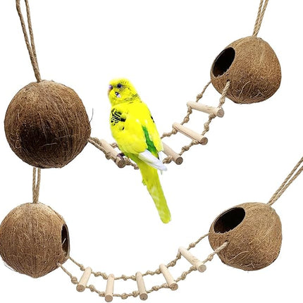 Bird Coconut Hides Nest with Ladder Parrot Cage Hanging Natural Coco Shell Hut Hide Toy with Wooden Bridge Hollow Hideaway Toys for Parakeet Lovebird Finch Canary 2PCS
