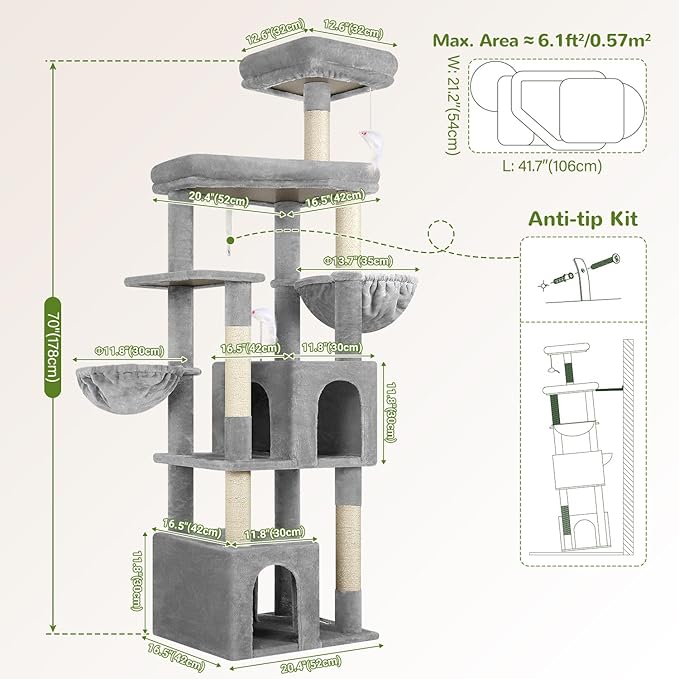 Globlazer Sturdy Cat Tree, 68-inch Large Cat Tower for Indoor Adult Cats 20 lbs Heavy Duty Cat Tree for Big Cats with Extra Large Platform, 5 Scratching Post, S68, Cloud Grey