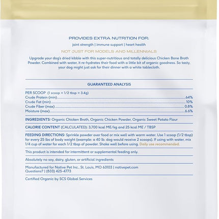 Native Pet Bone Broth for Dogs and Cats - Chicken Bone Broth Powder Dog Food Toppers for Picky Eaters - Provides Extra Nutrition for Joint Strength, Immune Support & Heart Health - 192 Scoops