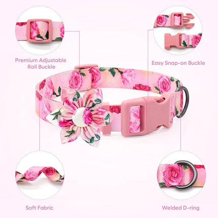 DQGHQME Floral Girl Pink Dog Collar with Rose Flower Bow Tie for Cute Female Cats & Dogs - Small to Large Sizes