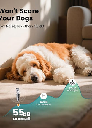 oneisall Dog Clippers for Grooming Thick Hair, Low Noise Cordless Dog Shavers, 2-Speed Pet Hair Trimmer Grooming Kit for Home Groomer