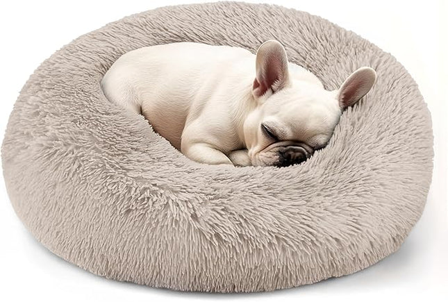 Hoewina Dog & Cat Bed, 20in Cat Beds for Indoor Cats, Calming Donut Bed for Puppy and Kitten, Washable Round Fluffy Pet Bed for Small Medium Dogs and Cats (Brown)