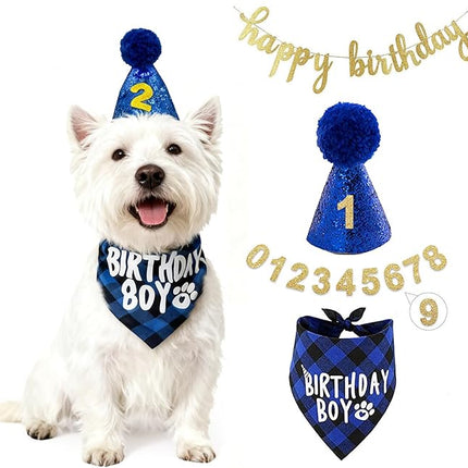 LESYPET Dog Birthday Party Supplies, Dog Birthday Hat with Bandana, and Banner, Cat Decorations Set for Party, Blue